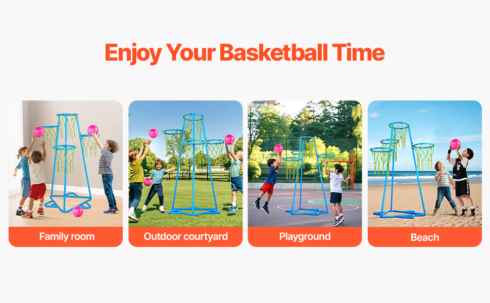 VEVOR 4-Hoop Kids Basketball Hoop Stand with Adjustable Heights & 3 Balls for Boys & Girls Indoor Outdoor Basketball Sport Toys