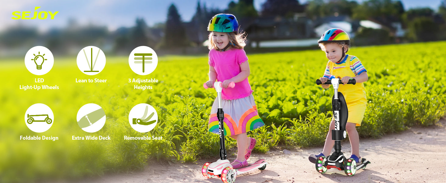 Sejoy Baby Scooter 2-8 Years with LED Wheels Adjustable Height Foldable Design & Dual Modes - Military-Grade Frame