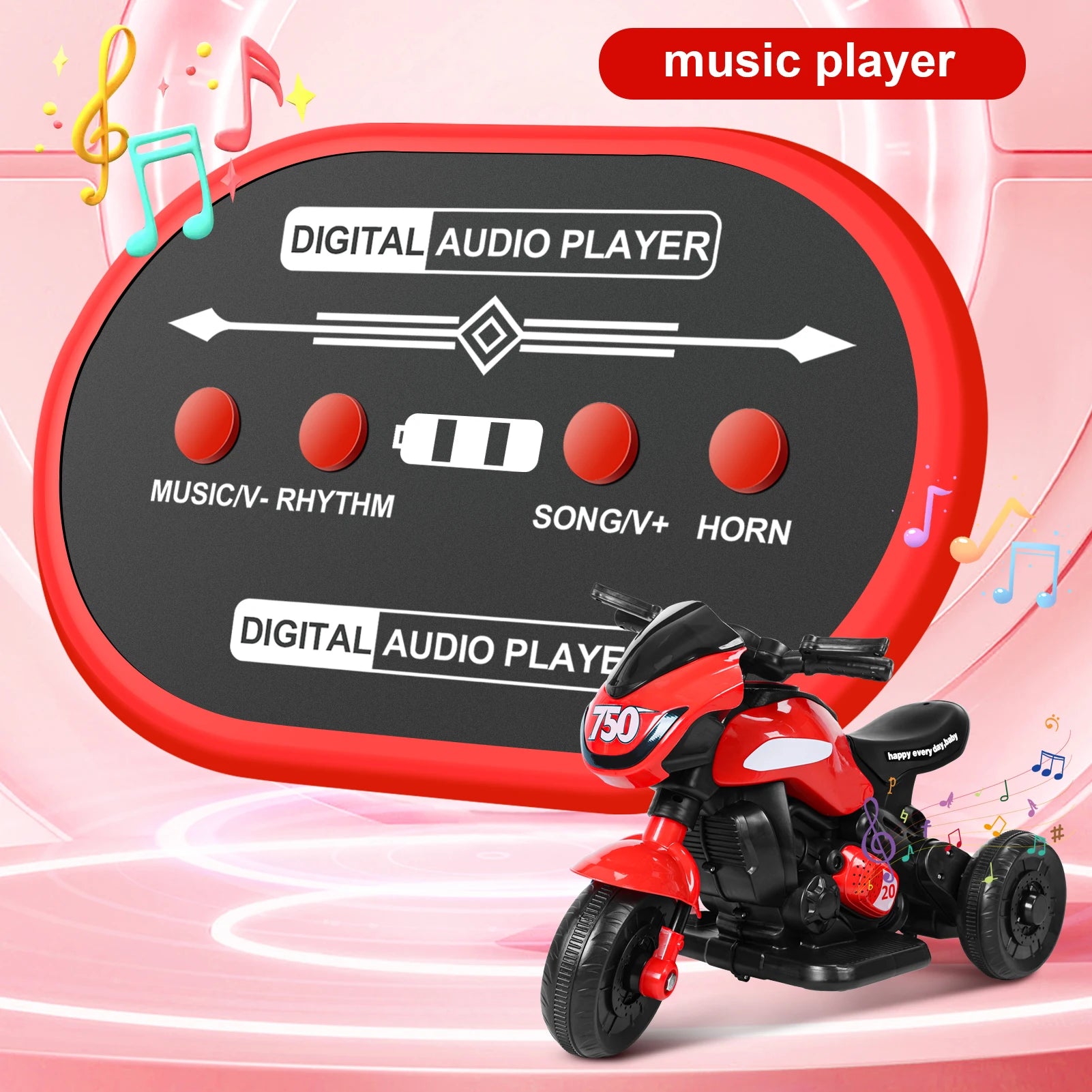 Kids Electric Tricycle Kids Motorcycle Ride-on Car Toy 3-Wheel Battery Powered Motorbike For Kids 1-6 Years Old Front Headlight