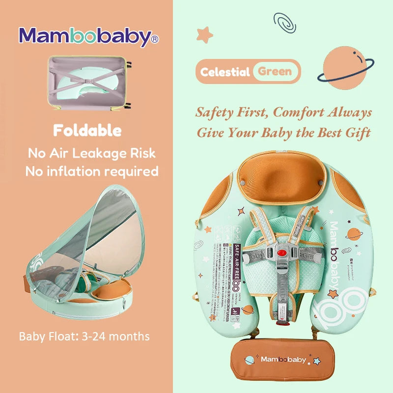 Mambobaby Baby Foldable Float Inflatable Free with Sun Canopy Safe Crotch Strap Pool Swim Ring Swim Tube Pool Float Water Circle