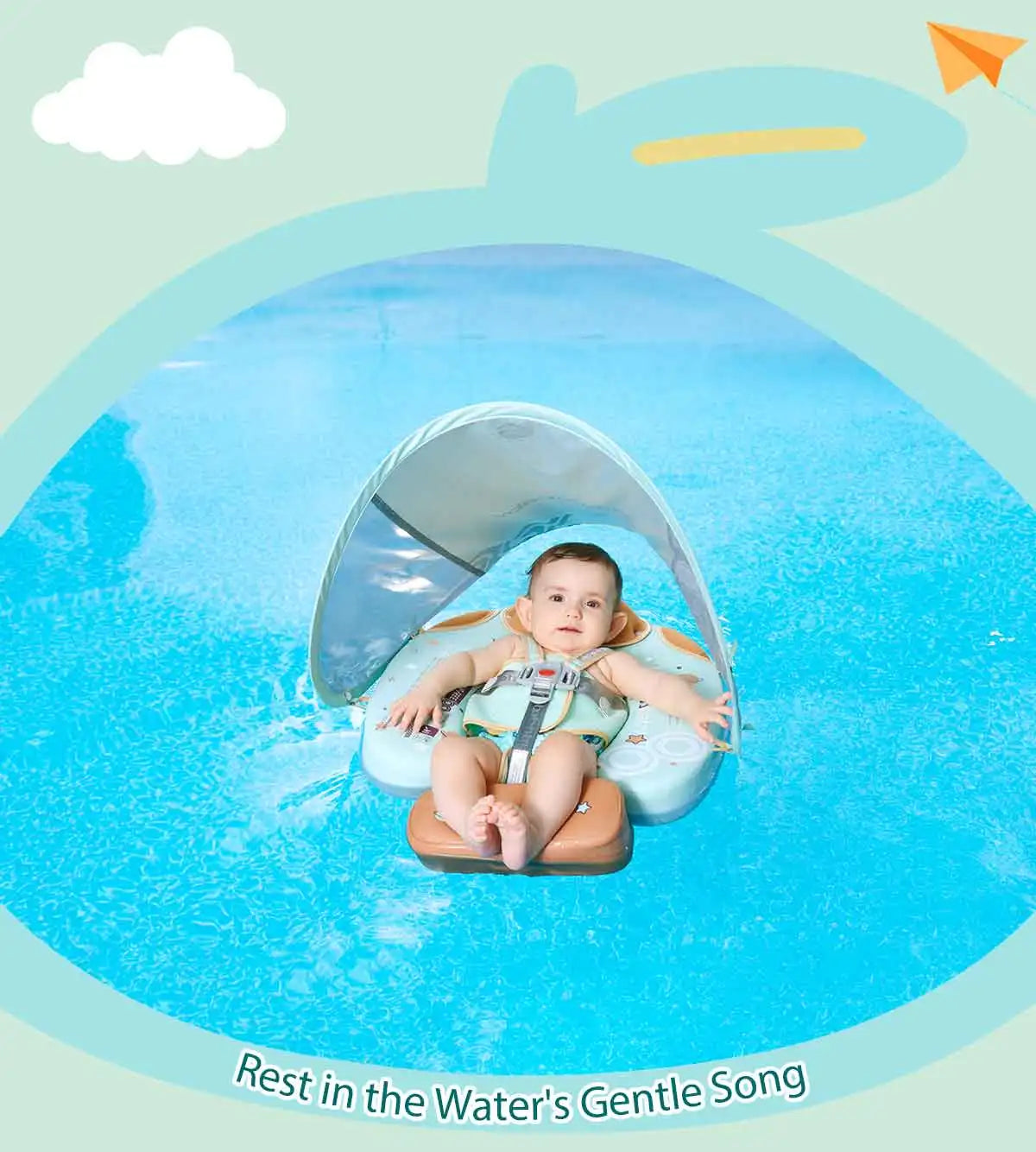 Mambobaby Baby Foldable Float Inflatable Free with Sun Canopy Safe Crotch Strap Pool Swim Ring Swim Tube Pool Float Water Circle