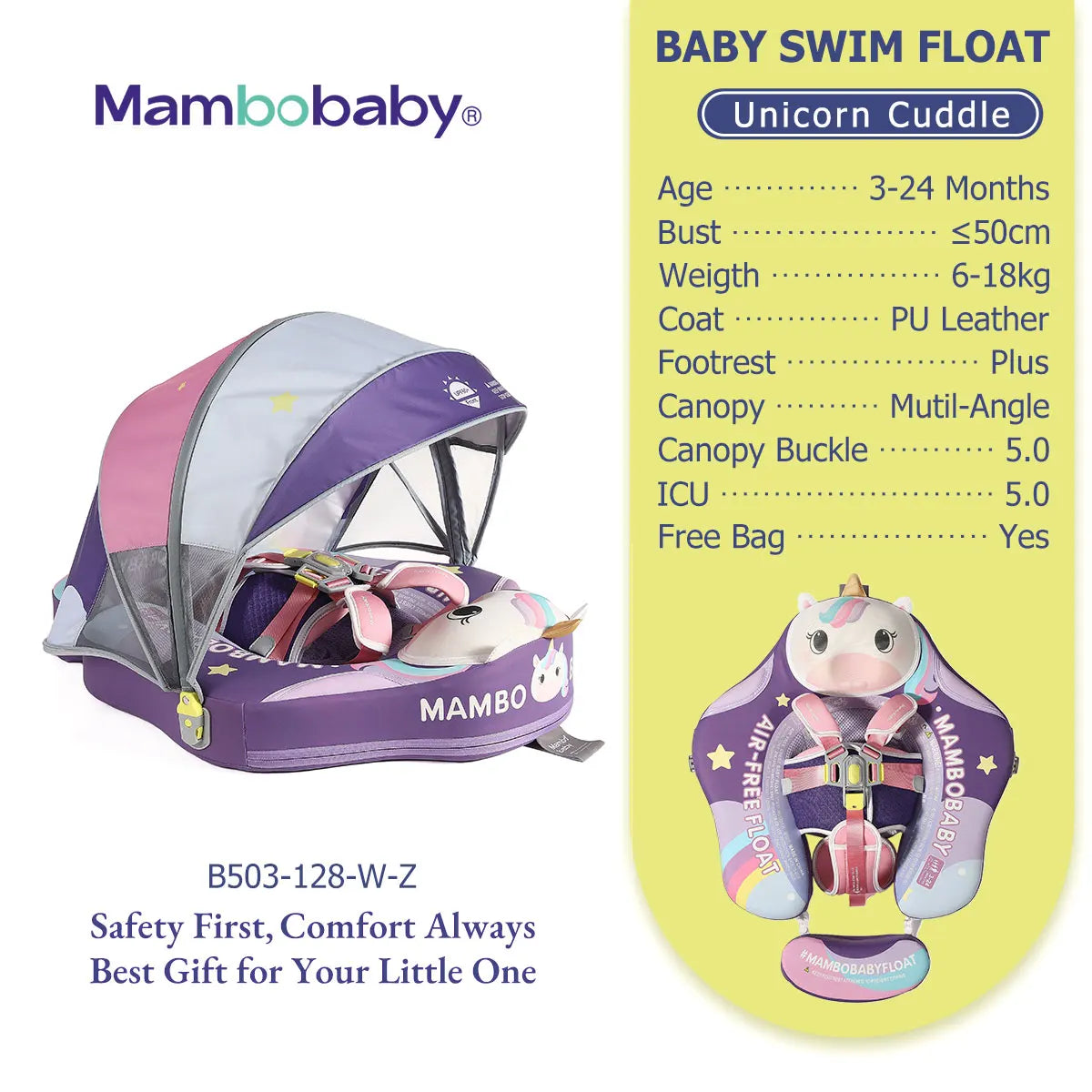 Mambobaby Float Safe Solid Core ST-Unicorn B503-143-W-Z Comfort Always: Skin-friendly Coat Baby Swimming Ring Toddler Pool Float