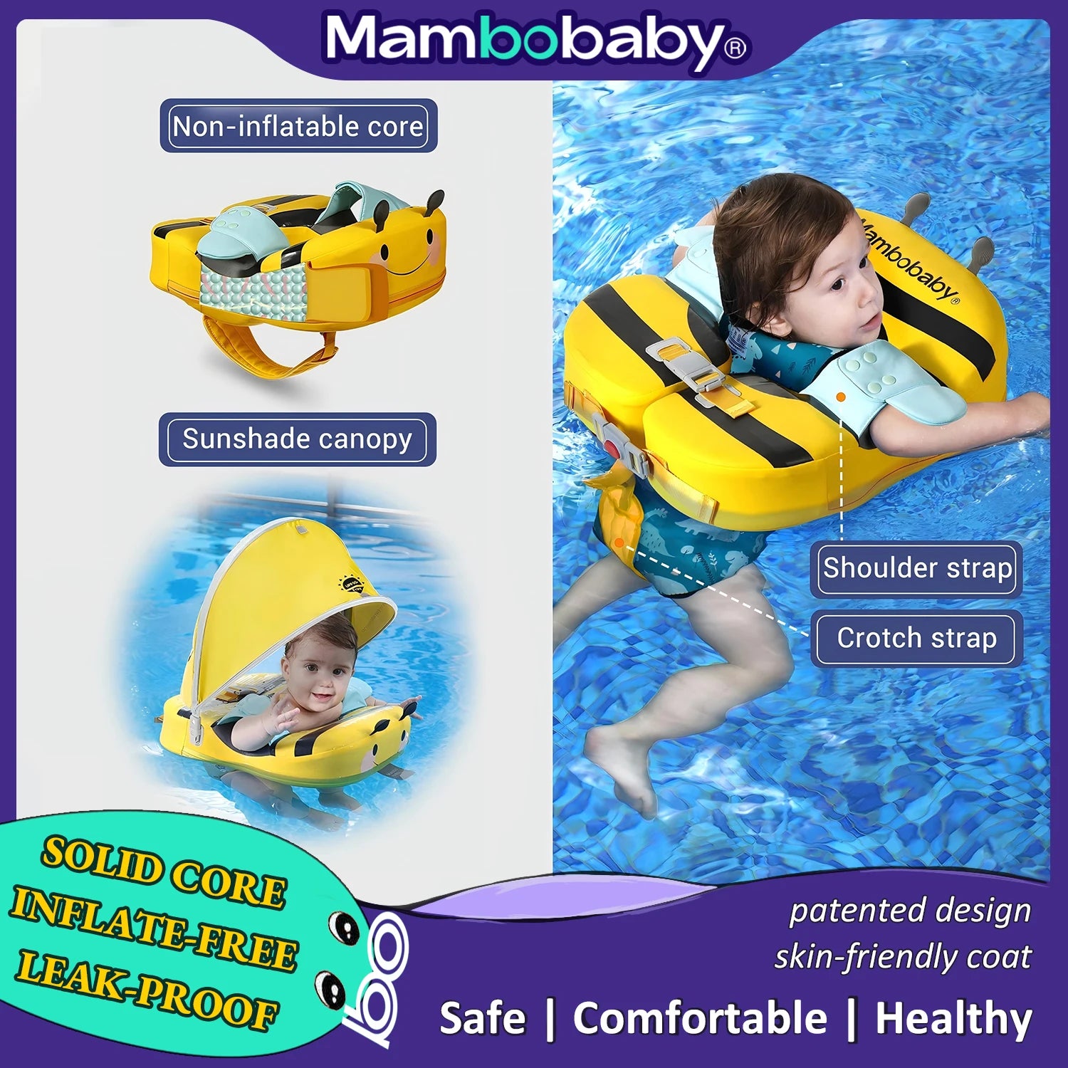 Baby Float With Crotch Strap & Inflation-free Solid Core Mambobaby Kid Swimming Ring Have Sunshade 0-7 Yeas Old Swim Pool Tube
