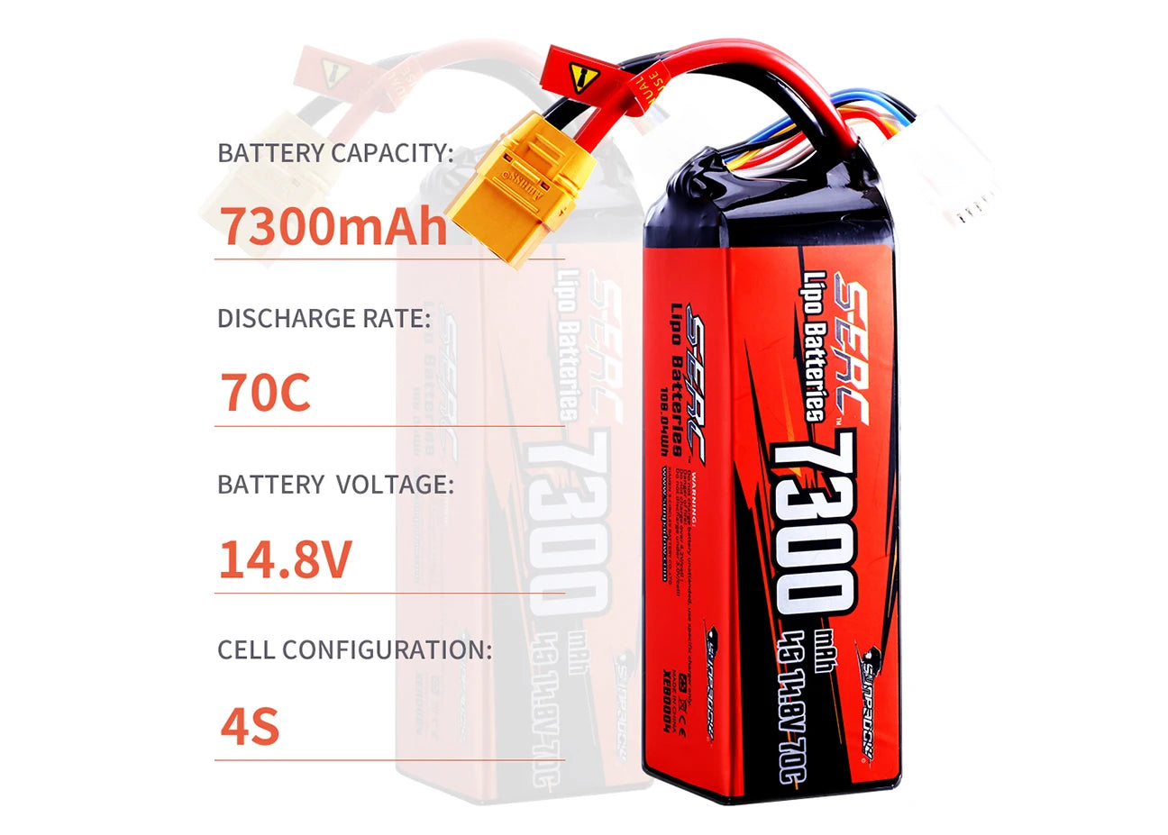 SUNPADOW 4S 14.8V Lipo Battery 7300mAh 70C Soft Pack with XT90 Plug for RC Vehicles Buggy Truggy Crawler Monster Truck Car Hobby