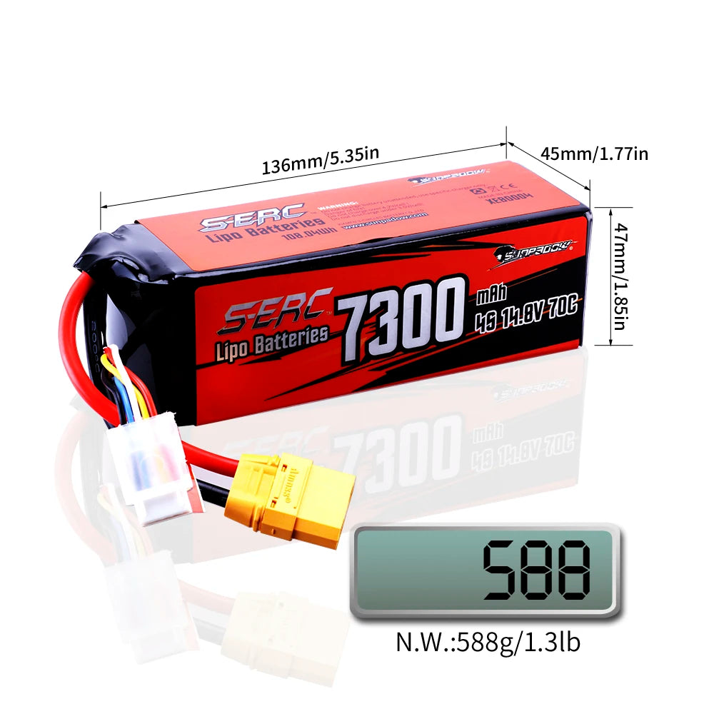 SUNPADOW 4S 14.8V Lipo Battery 7300mAh 70C Soft Pack with XT90 Plug for RC Vehicles Buggy Truggy Crawler Monster Truck Car Hobby