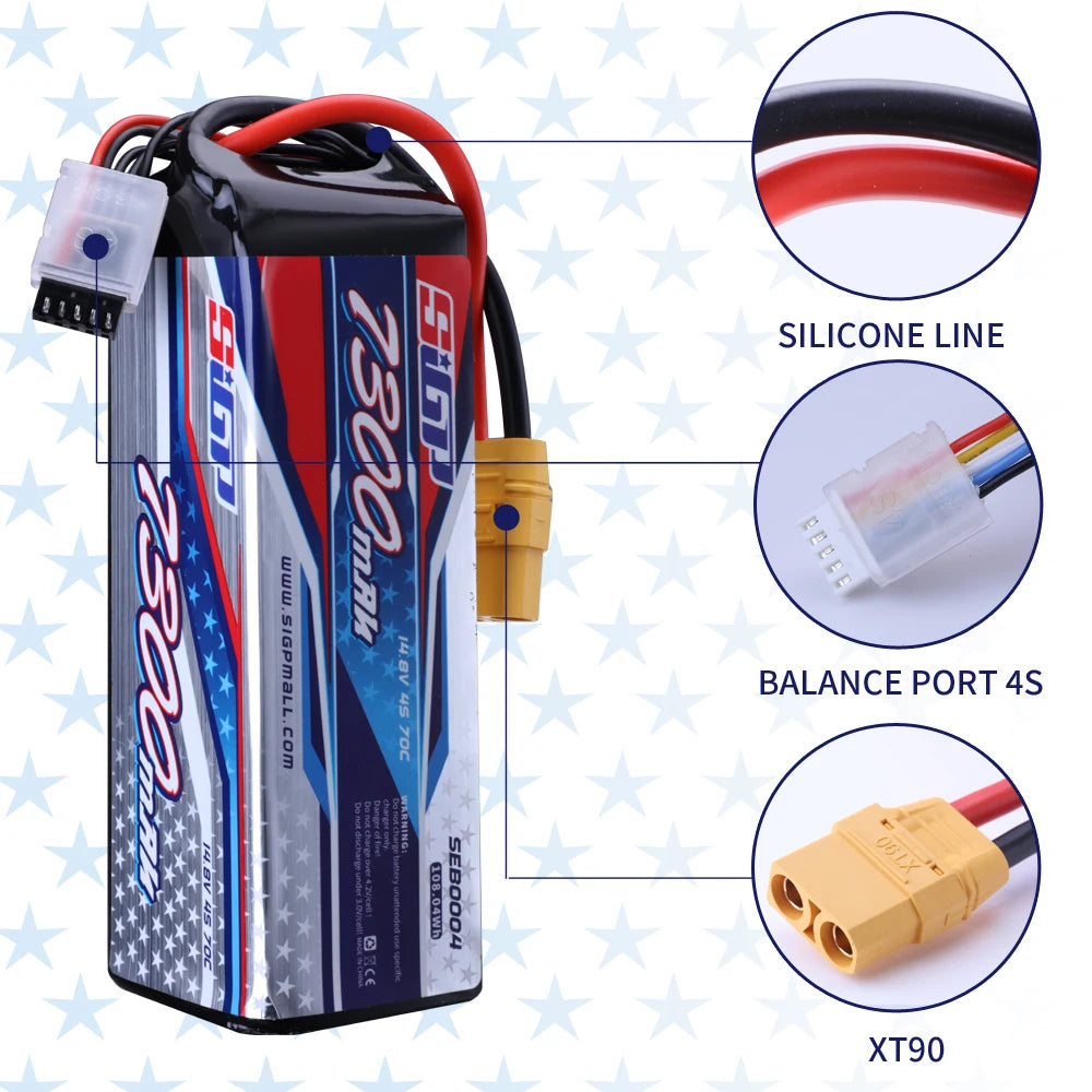 SIGP 4S 14.8V Lipo Battery 6000mAh 7300mAh 70C Soft Pack With XT90 Connector For RC Truck Car Truggy Buggy Vehice Racing Hobby