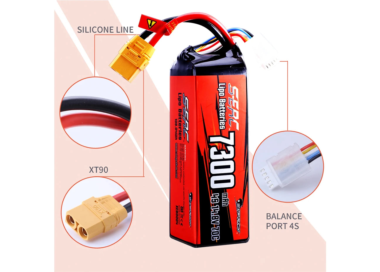 SUNPADOW 4S 14.8V Lipo Battery 7300mAh 70C Soft Pack with XT90 Plug for RC Vehicles Buggy Truggy Crawler Monster Truck Car Hobby