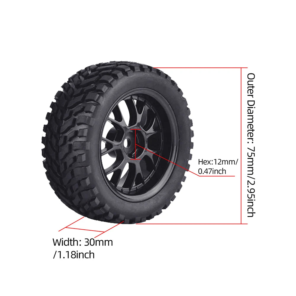 9imod 4Pcs 75mm Rubber Off Road Buggy RC Wheel 12mm Hex Tires For 144001 MN99S MN90 MN86 1/14 1/16 1/10 RC Racing Car Upgrade