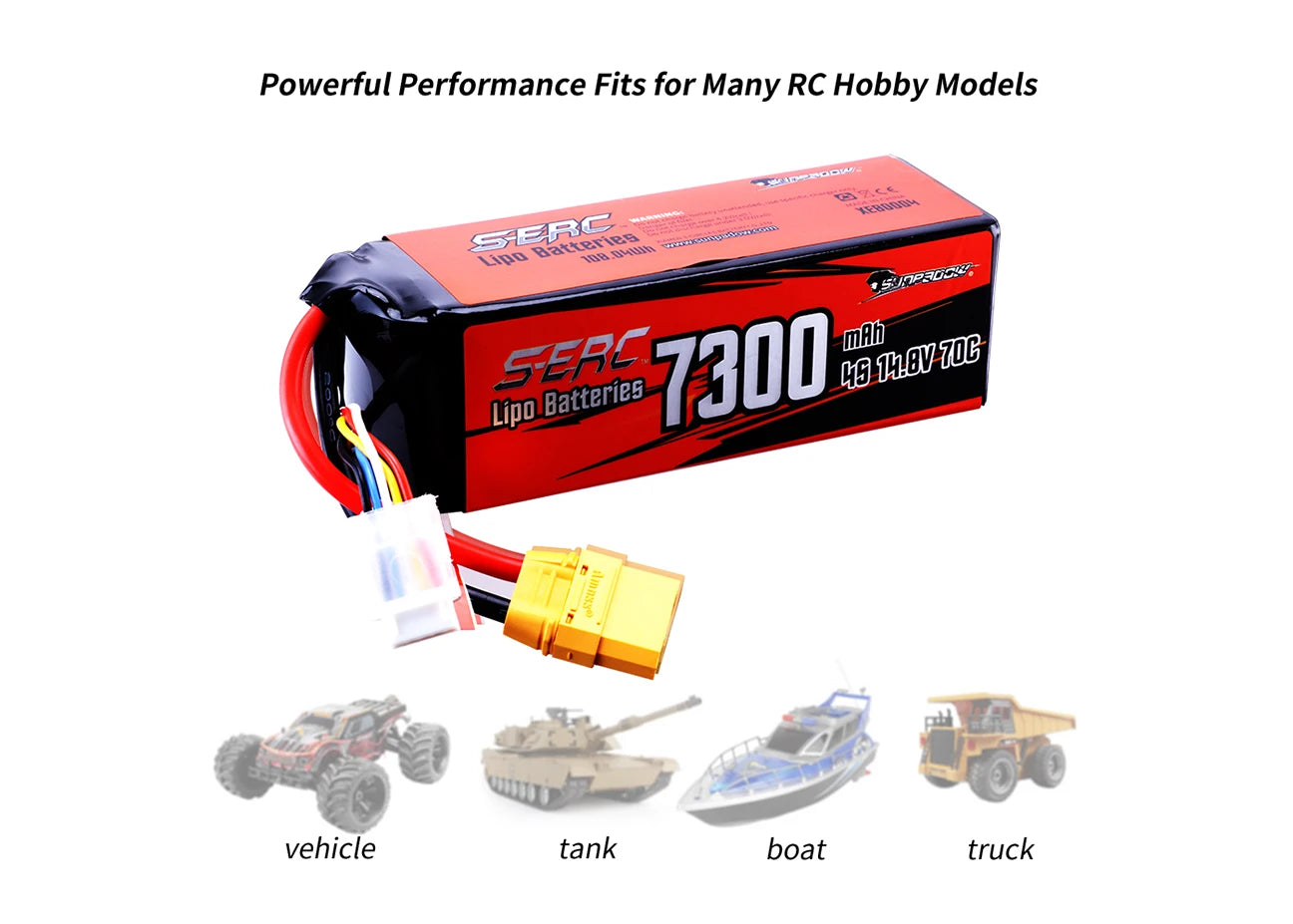 SUNPADOW 4S 14.8V Lipo Battery 7300mAh 70C Soft Pack with XT90 Plug for RC Vehicles Buggy Truggy Crawler Monster Truck Car Hobby