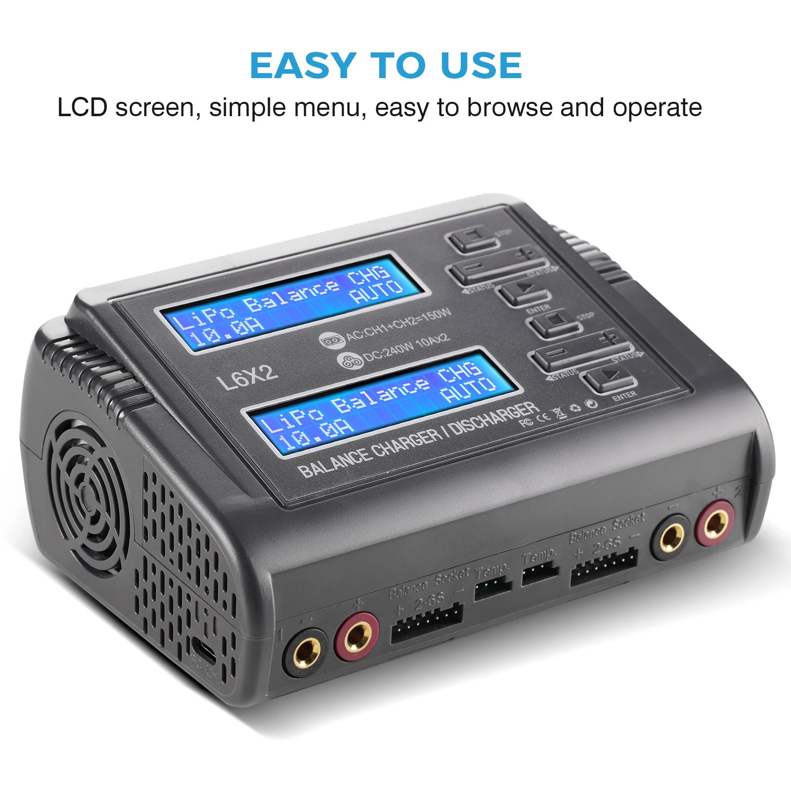 L6X2 LiPo Battery Charger Dual Channel 10A AC 150W DC 240W for 1-6S Li-ion LiFe NiCd NiMH LiHV PB Smart Battery Discharger