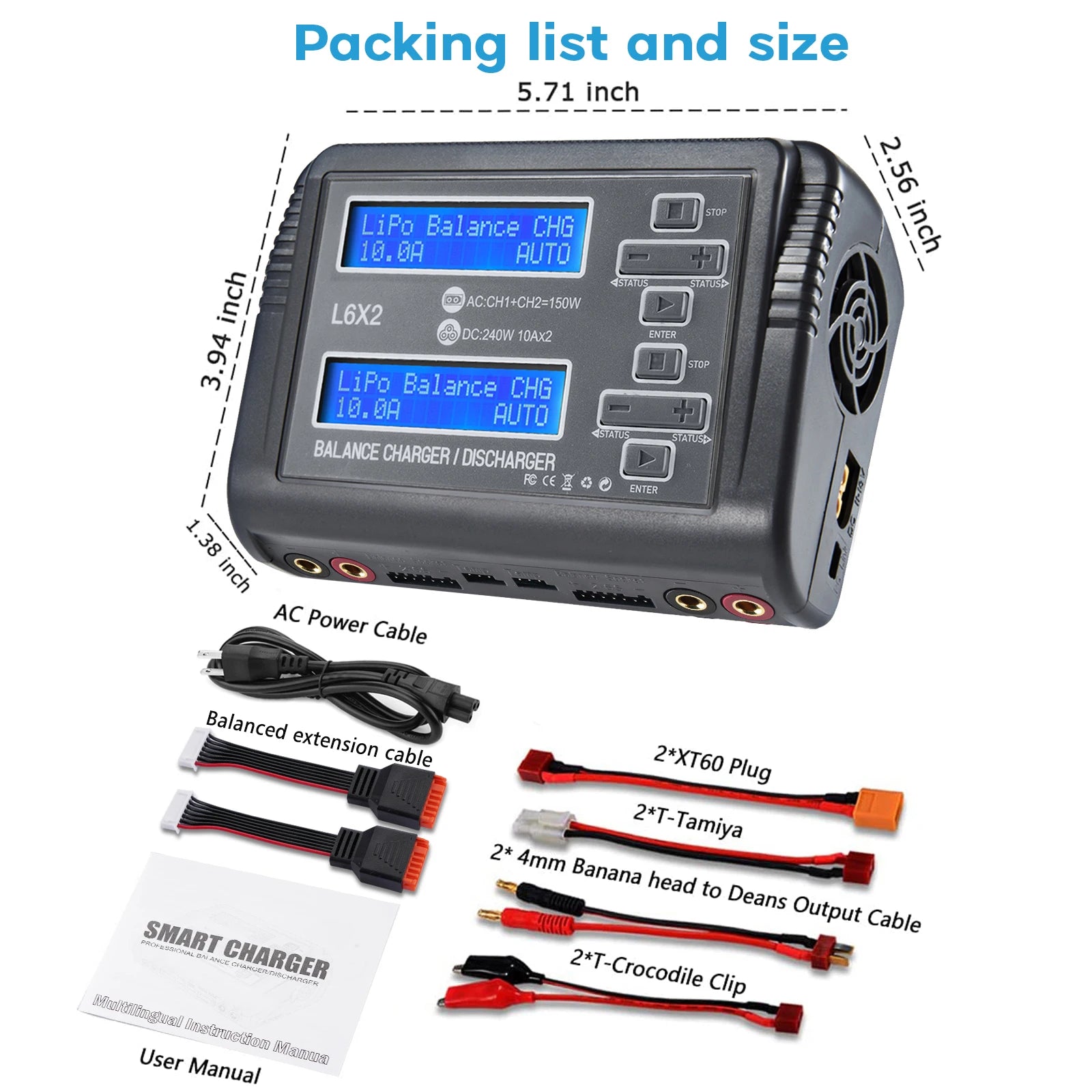 L6X2 LiPo Battery Charger Dual Channel 10A AC 150W DC 240W for 1-6S Li-ion LiFe NiCd NiMH LiHV PB Smart Battery Discharger