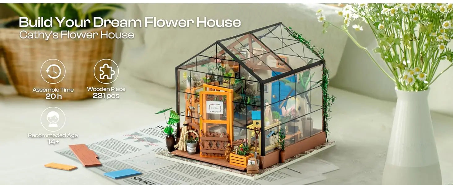 Robotime Mini Green House Cathy's Flower House DIY Dollhouse Wooden Miniature Furniture Kit with LED Best Birthday Gifts