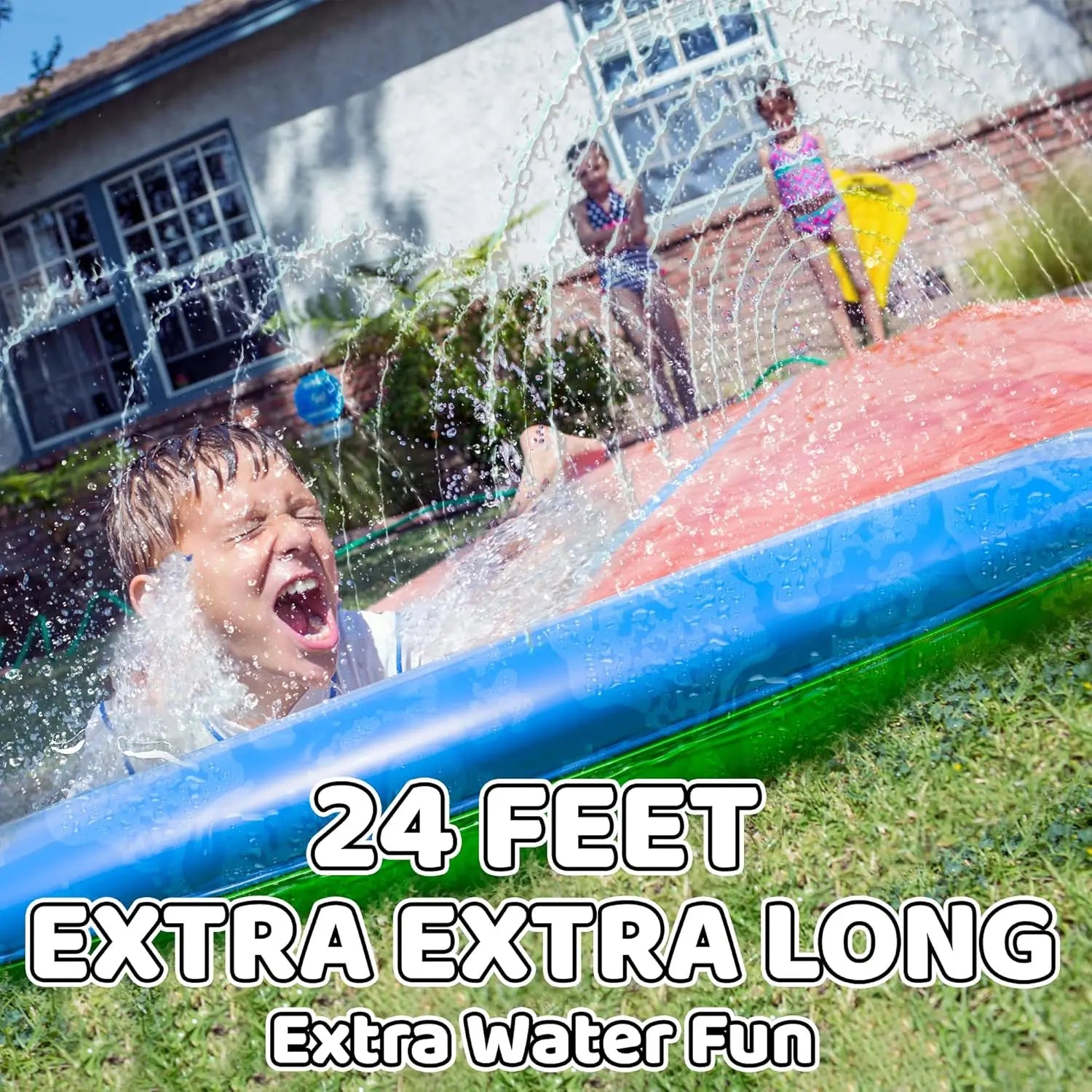 24Ft XL Slip Splash and Slide with Inflatable Crash Pad and 2 Bodyboards, Heavy Duty Lawn Water Slide Summer Water Toy with Spri