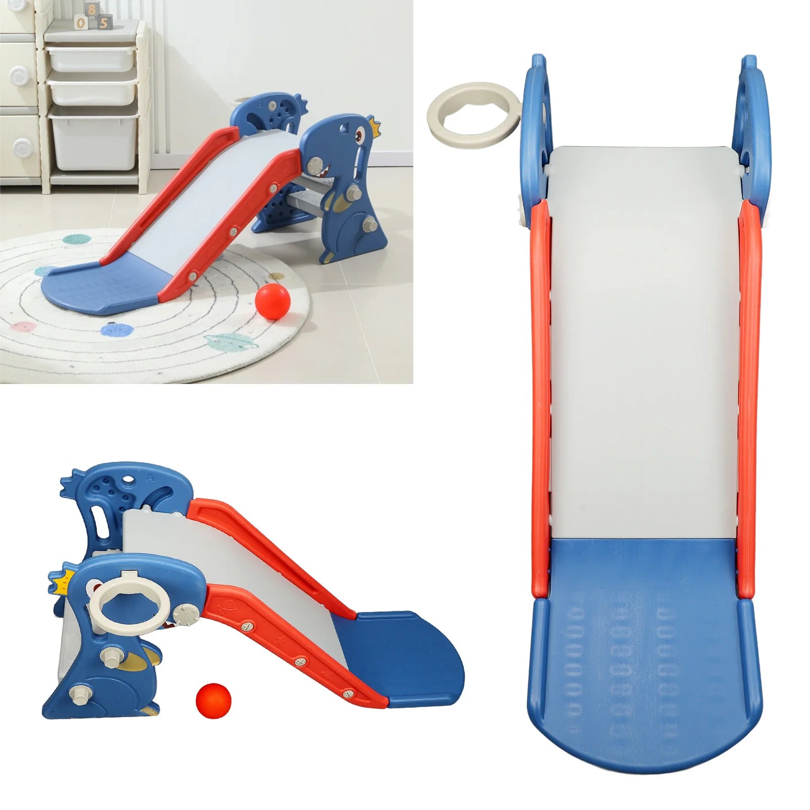 Indoor Slide Dinosaur Shape Easy To Assemble Multifunctional Blue Grab Rail Folding Slide with Basketball Hoop Climber for Home