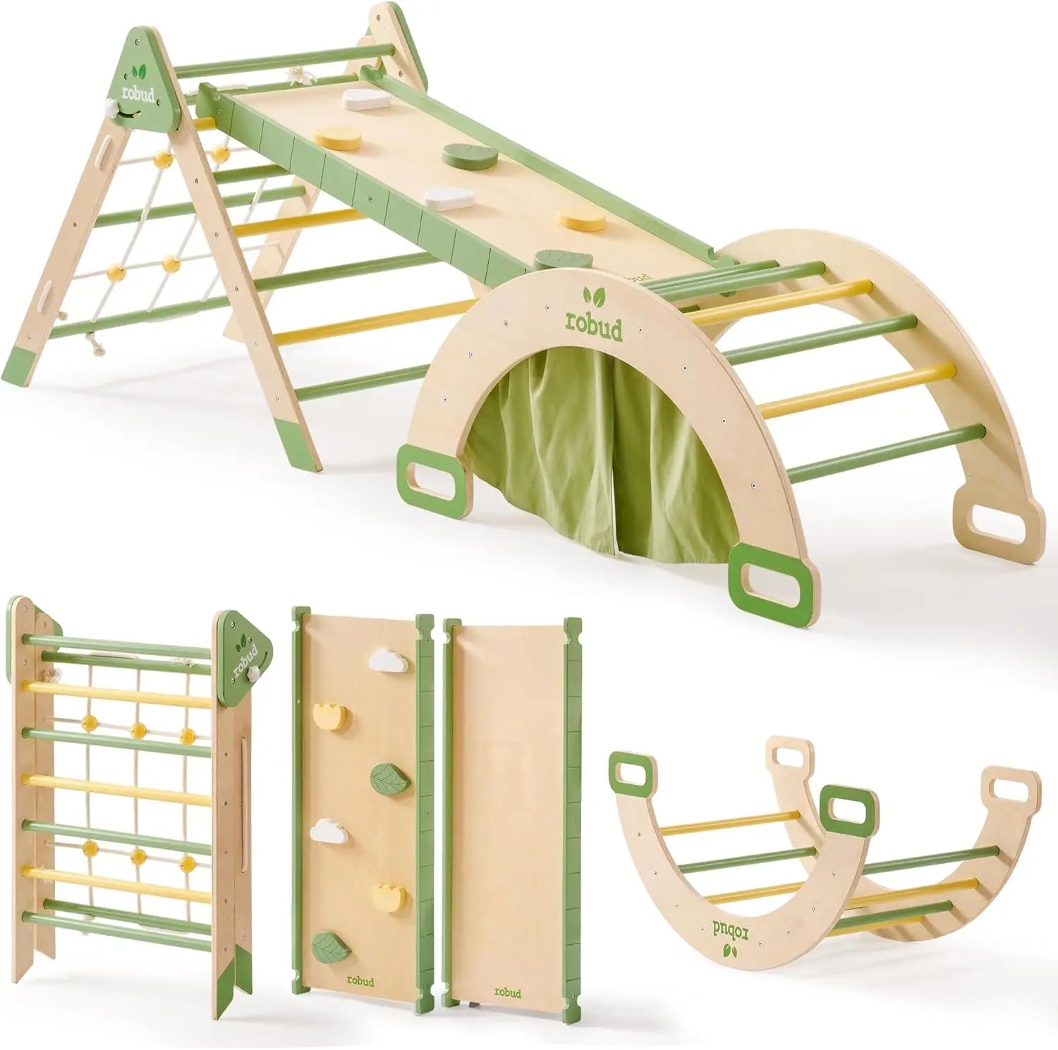 Robotime Robud 7 in 1 Triangle Set Foldable Wooden Climbing Toys Montessori Foldable Climbing Set with Rope Net for Girls Boys