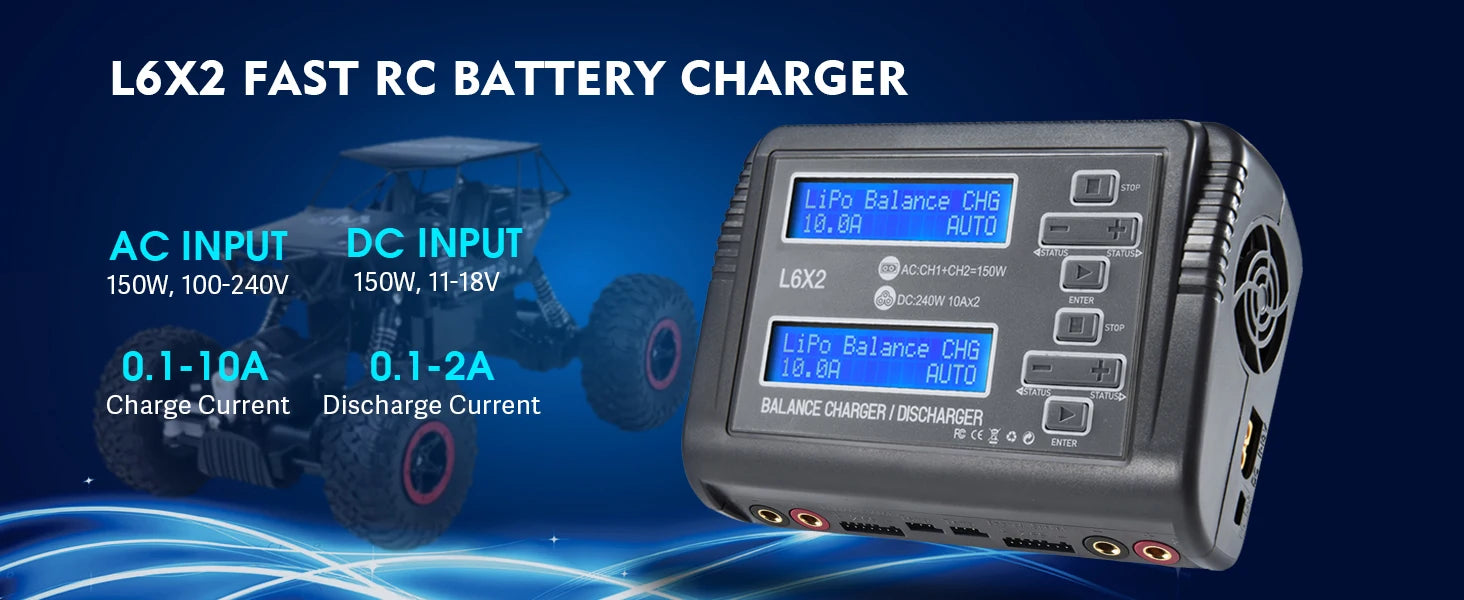 L6X2 LiPo Battery Charger Dual Channel 10A AC 150W DC 240W for 1-6S Li-ion LiFe NiCd NiMH LiHV PB Smart Battery Discharger