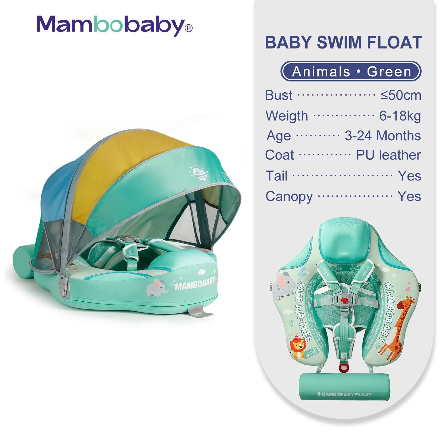 2024 New Mambobaby Animals Float Non-Inflatable Solid Baby Swimming buoy Water Trainer Infant Pool Floator Swim Ring with Canopy