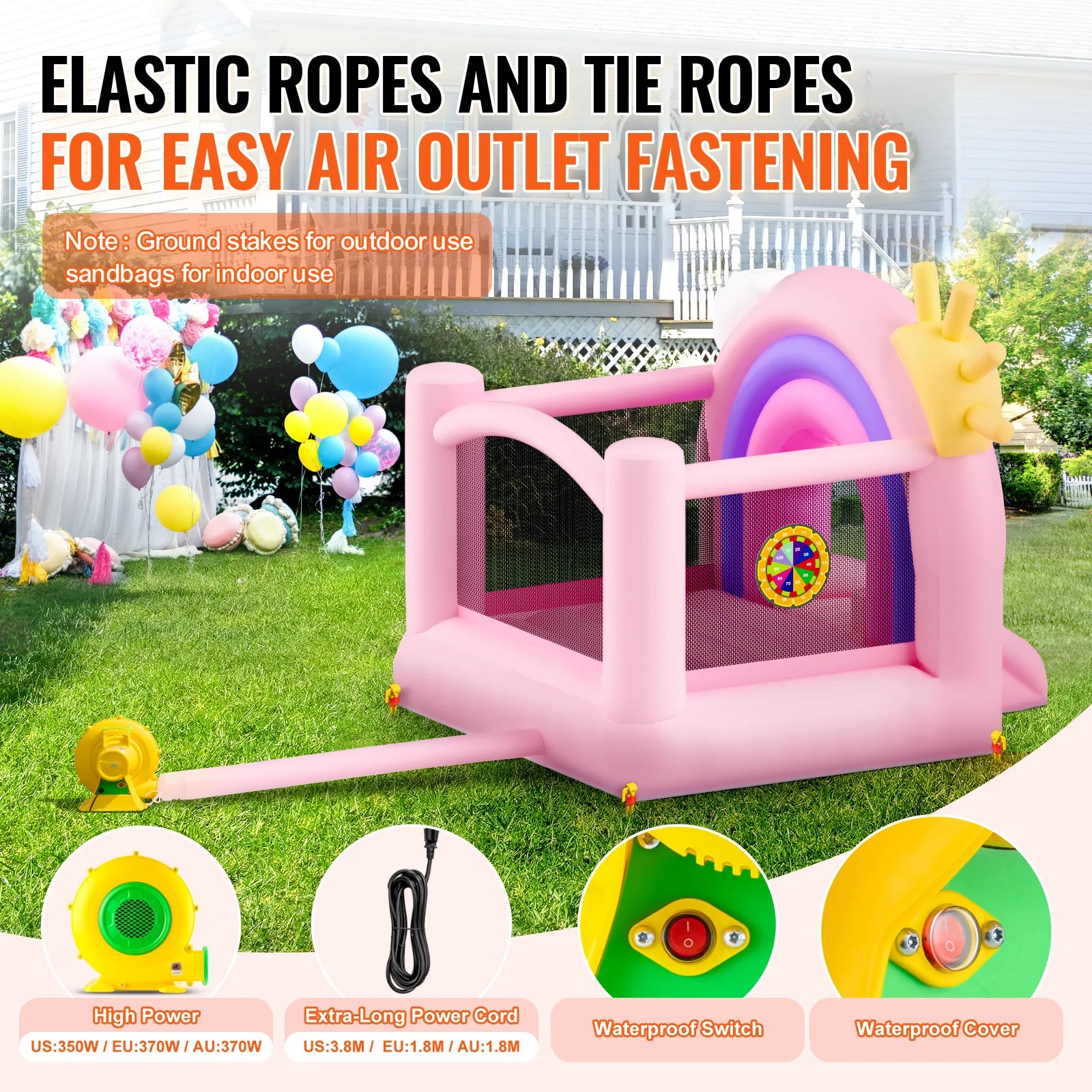 SucceBuy Inflatable Bounce House Indoor Outdoor Playhouse Trampoline Jumping Bouncer with Blower Slide Storage Bag 110x91x91 in