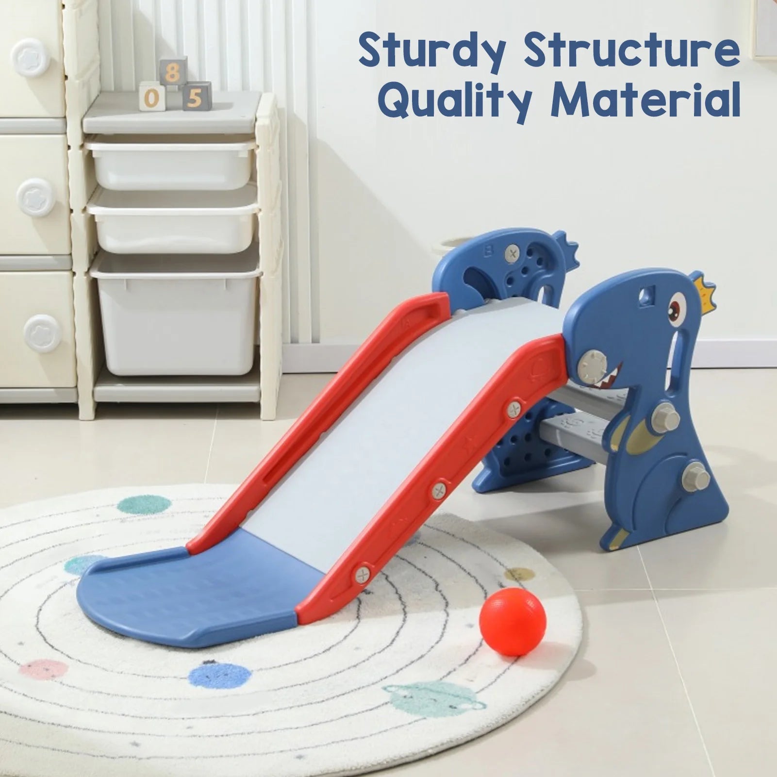 Indoor Slide Dinosaur Shape Easy To Assemble Multifunctional Blue Grab Rail Folding Slide with Basketball Hoop Climber for Home