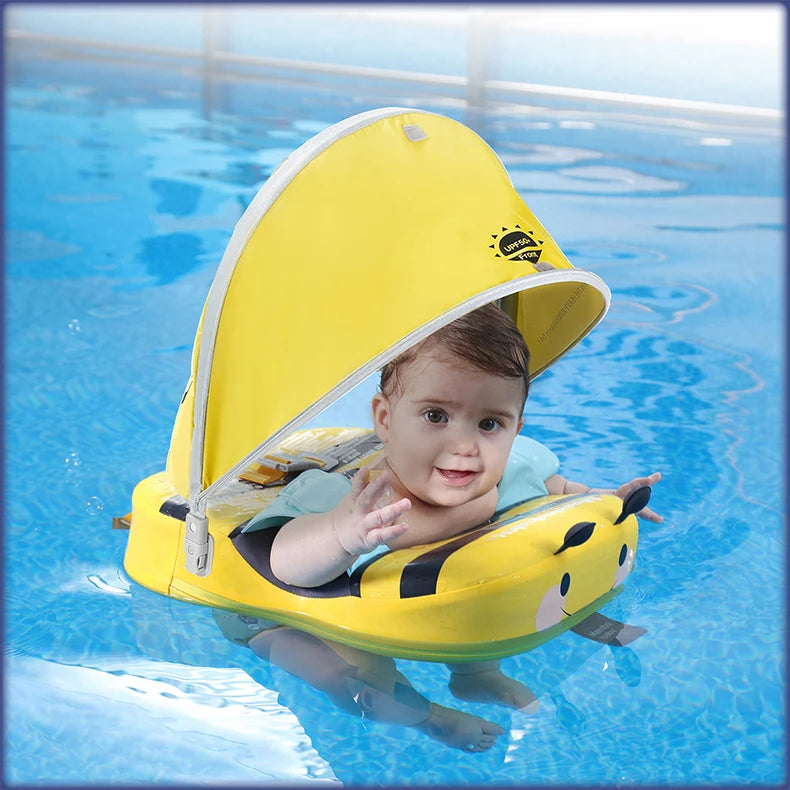 Baby Float With Crotch Strap & Inflation-free Solid Core Mambobaby Kid Swimming Ring Have Sunshade 0-7 Yeas Old Swim Pool Tube