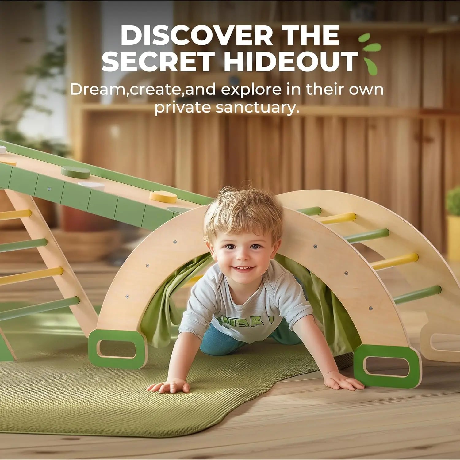 Robotime Robud 7 in 1 Triangle Set Foldable Wooden Climbing Toys Montessori Foldable Climbing Set with Rope Net for Girls Boys