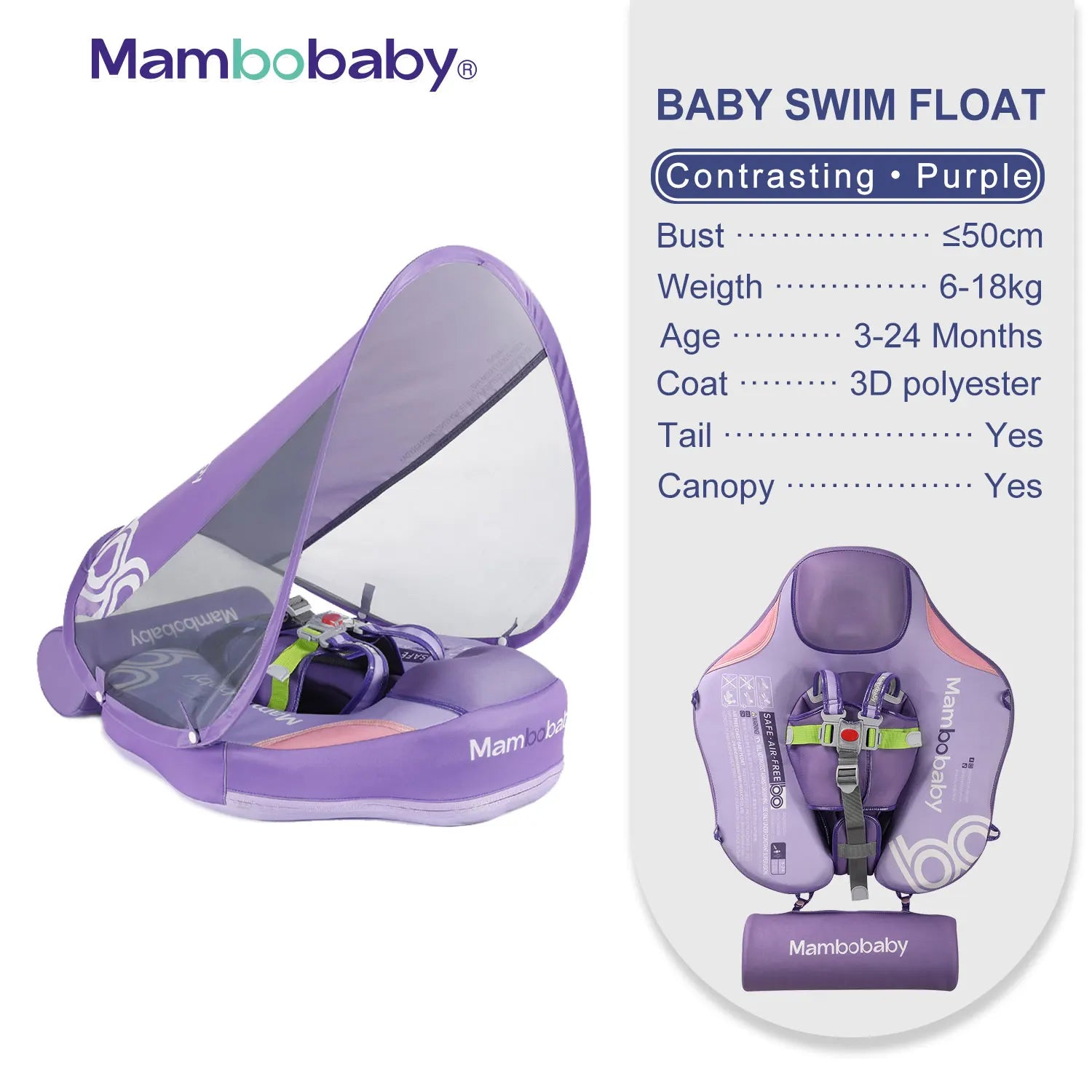 Mambobaby Baby Float with Sunshade Canopy and Crotch Strap Inflatable-free Safe Core Swimming Pool Accessory Bathroom Water Toy
