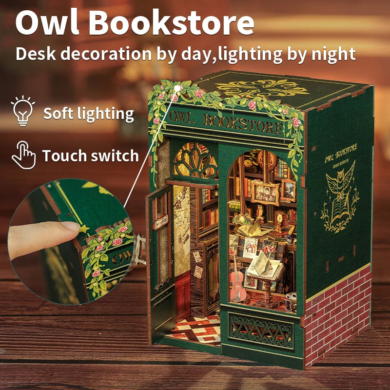 CUTEBEE DIY Book Nook Miniature Wooden Dollhouse with Lights Bookshelf Insert Kit 3D Bookend Decor Toys for Gifts Owl Bookstore