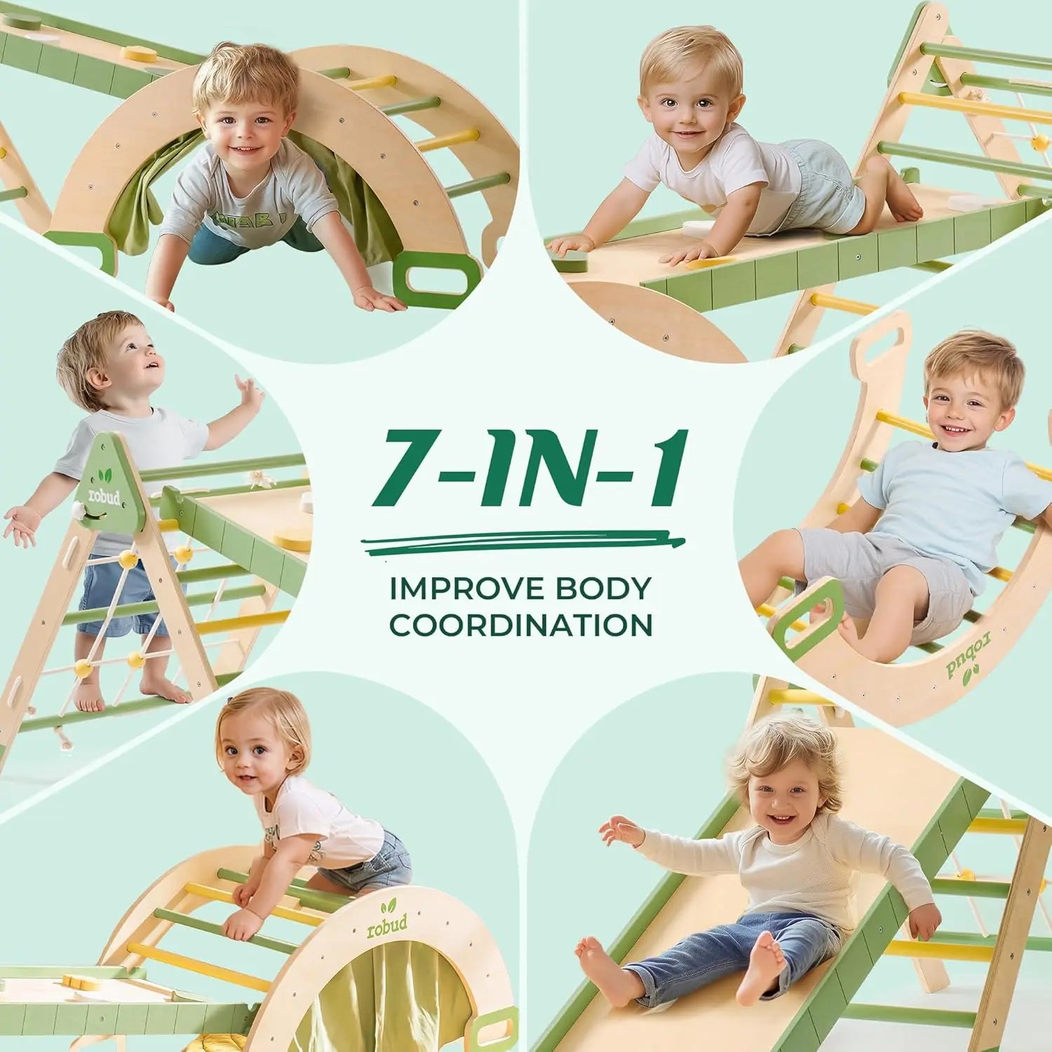 Robotime Robud 7 in 1 Triangle Set Foldable Wooden Climbing Toys Montessori Foldable Climbing Set with Rope Net for Girls Boys