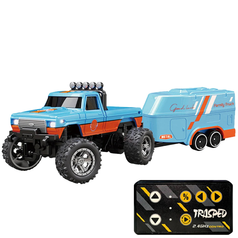 Mini RC Monster Truck with Lights & Trailer All Terrain Off-Road Truck Toy 1:64 Scale Adjustable Speed/Steering for Kids Gifts