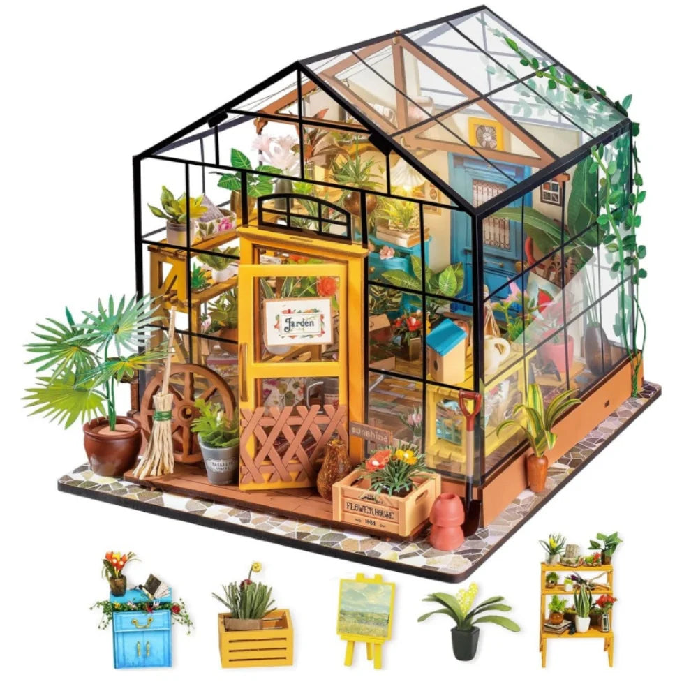 Robotime Mini Green House Cathy's Flower House DIY Dollhouse Wooden Miniature Furniture Kit with LED Best Birthday Gifts