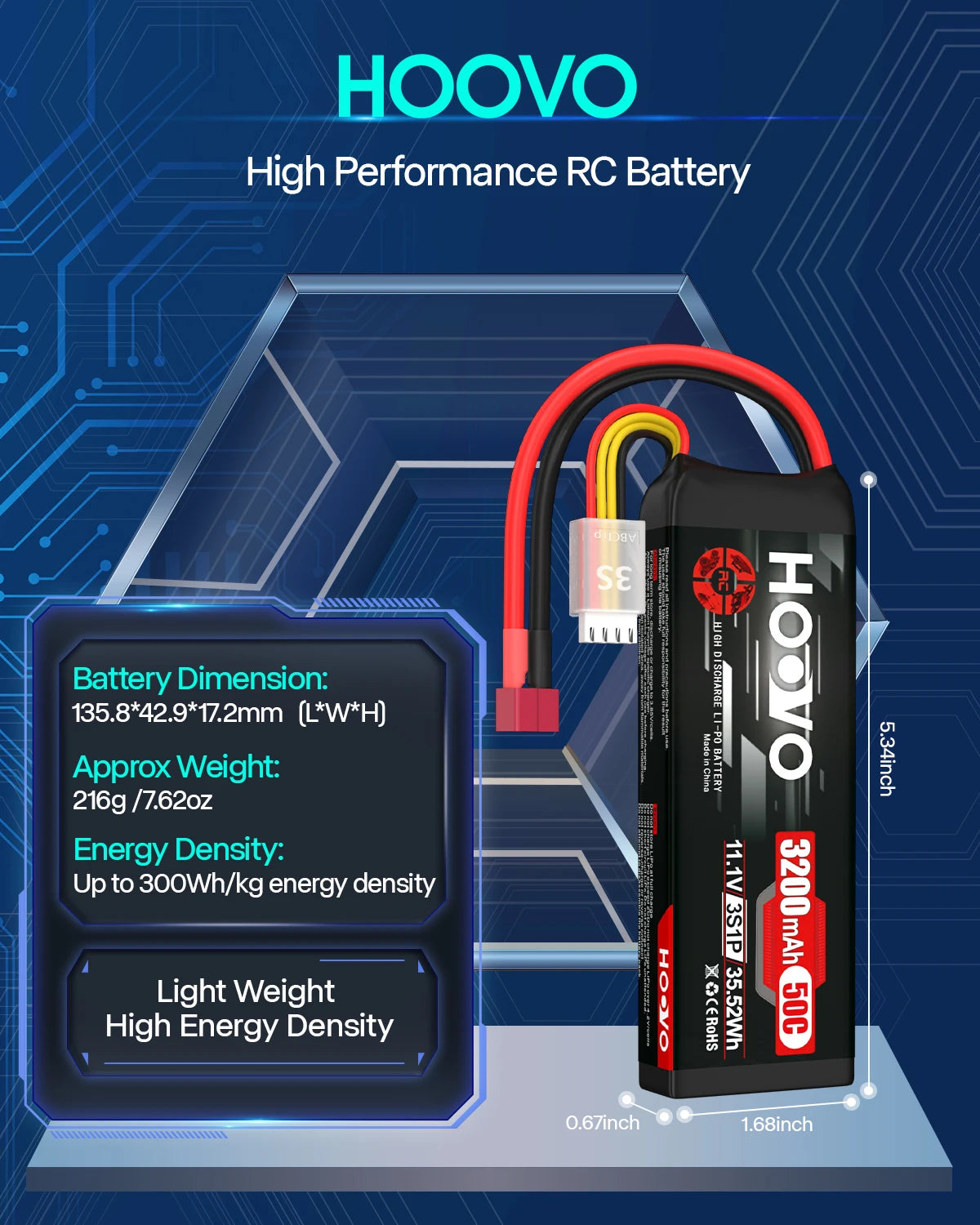 2Pcs HOOVO 3S 11.1V RC Lipo Battery 3200mAh 50C RC Battery with T Connector for RC Car RC Helicopter Airplane Quadcopter Models