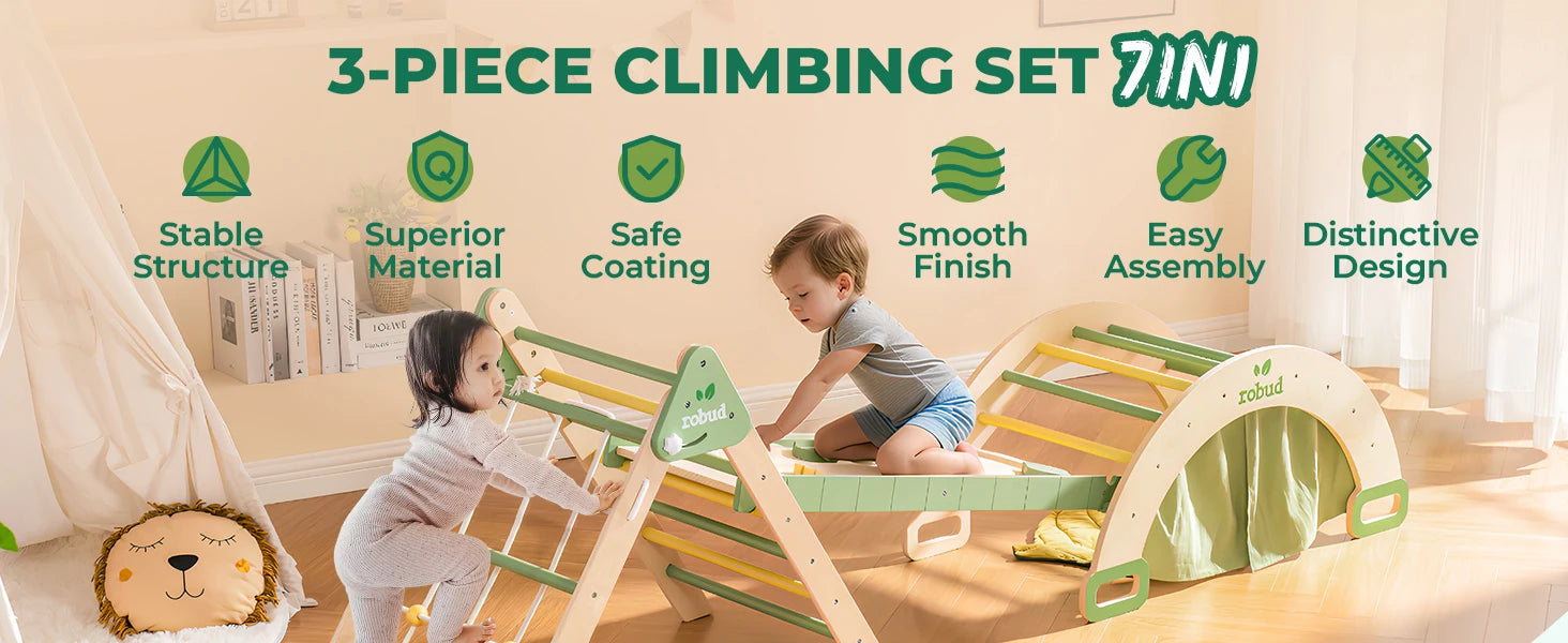 Robotime Robud 7 in 1 Triangle Set Foldable Wooden Climbing Toy Montessori Foldable Climbing Set with Rope Net for Girls Boys