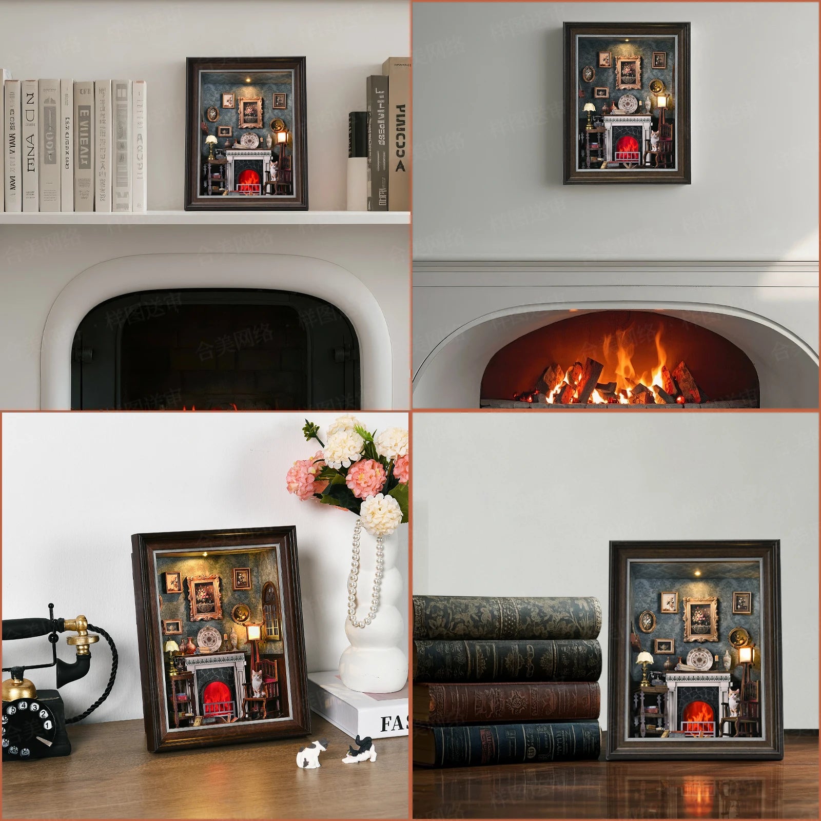 Book Nook Kit Fireplace DIY 3D Wooden Puzzle Photo frame ornament Bookshelf Dollhouse Model Bookend Building Home Decoration
