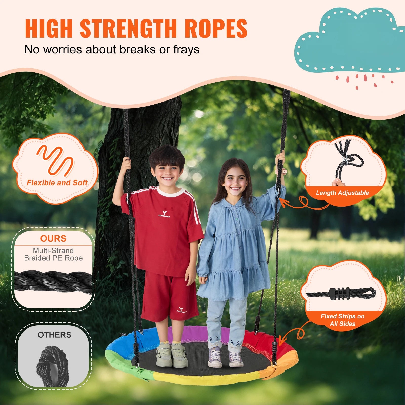 SucceBuy Tree Swing Saucer Swing 750lbs Swing Seat 2 Tree Hanging Straps Adjustable Multi-Strand Ropes Round Swing Kids Outdoor