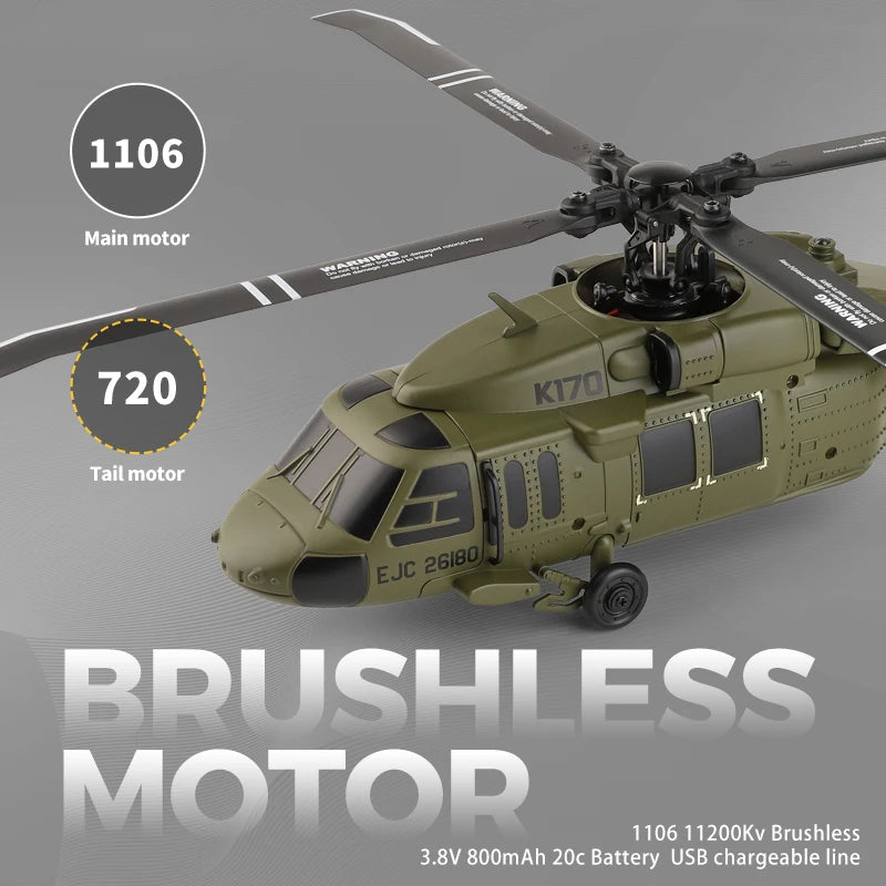 Wltoys K170 RC Helicopter UH-60L 4 Channel Remote Control brushless Helicopters with Gyro and LED Light Durable Airplane Toy
