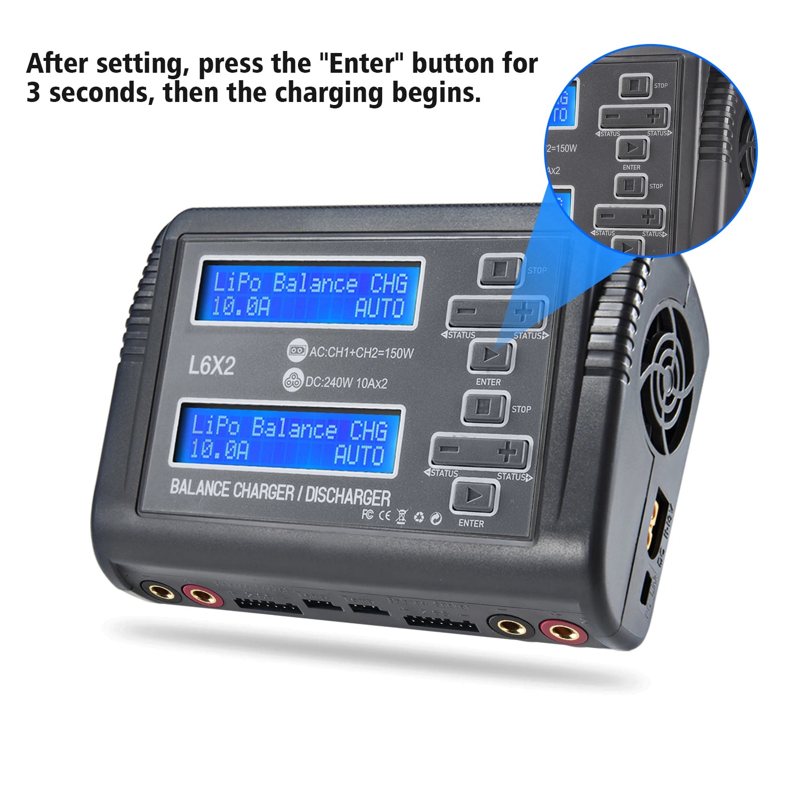 L6X2 LiPo Battery Charger Dual Channel 10A AC 150W DC 240W for 1-6S Li-ion LiFe NiCd NiMH LiHV PB Smart Battery Discharger