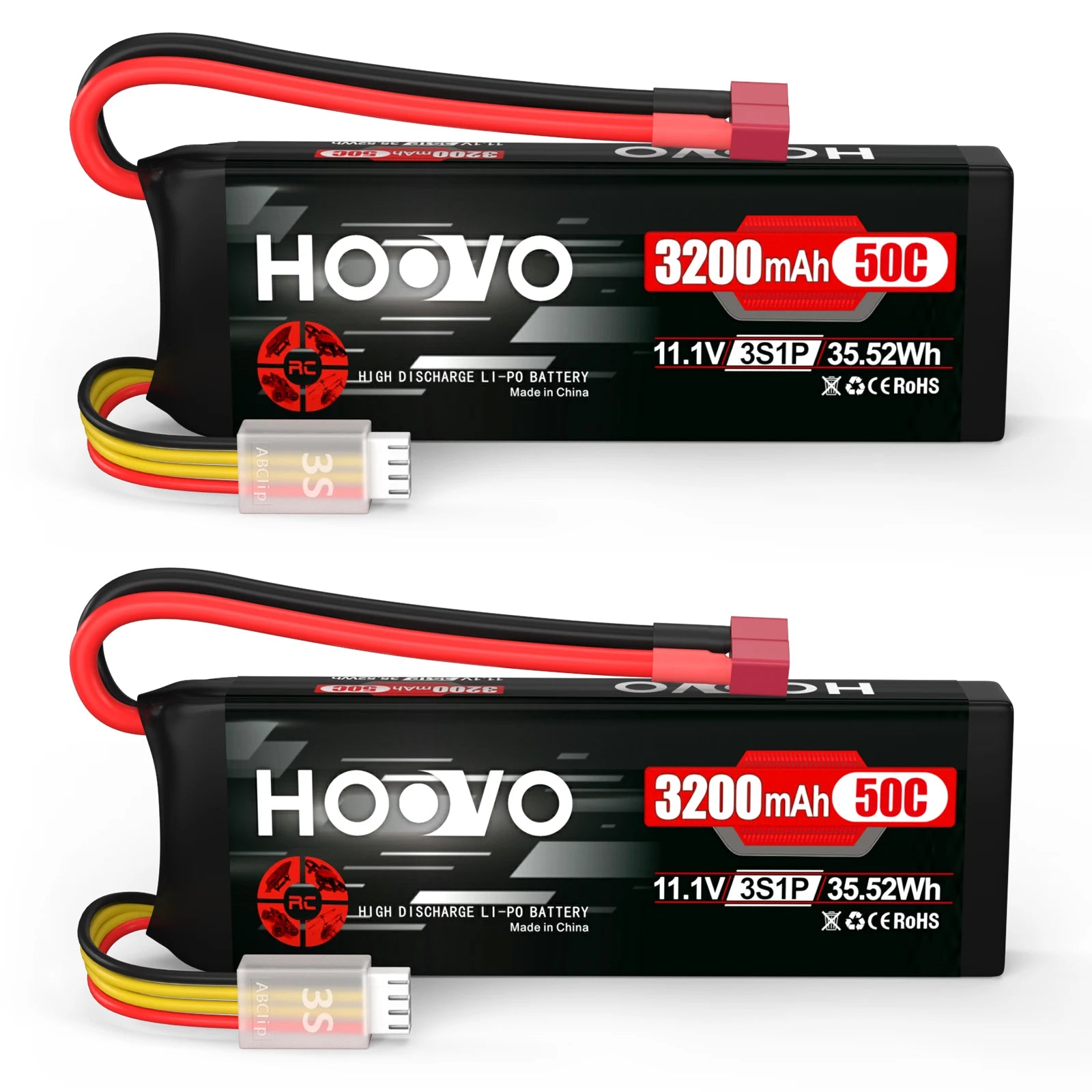 2Pcs HOOVO 3S 11.1V RC Lipo Battery 3200mAh 50C RC Battery with T Connector for RC Car RC Helicopter Airplane Quadcopter Models