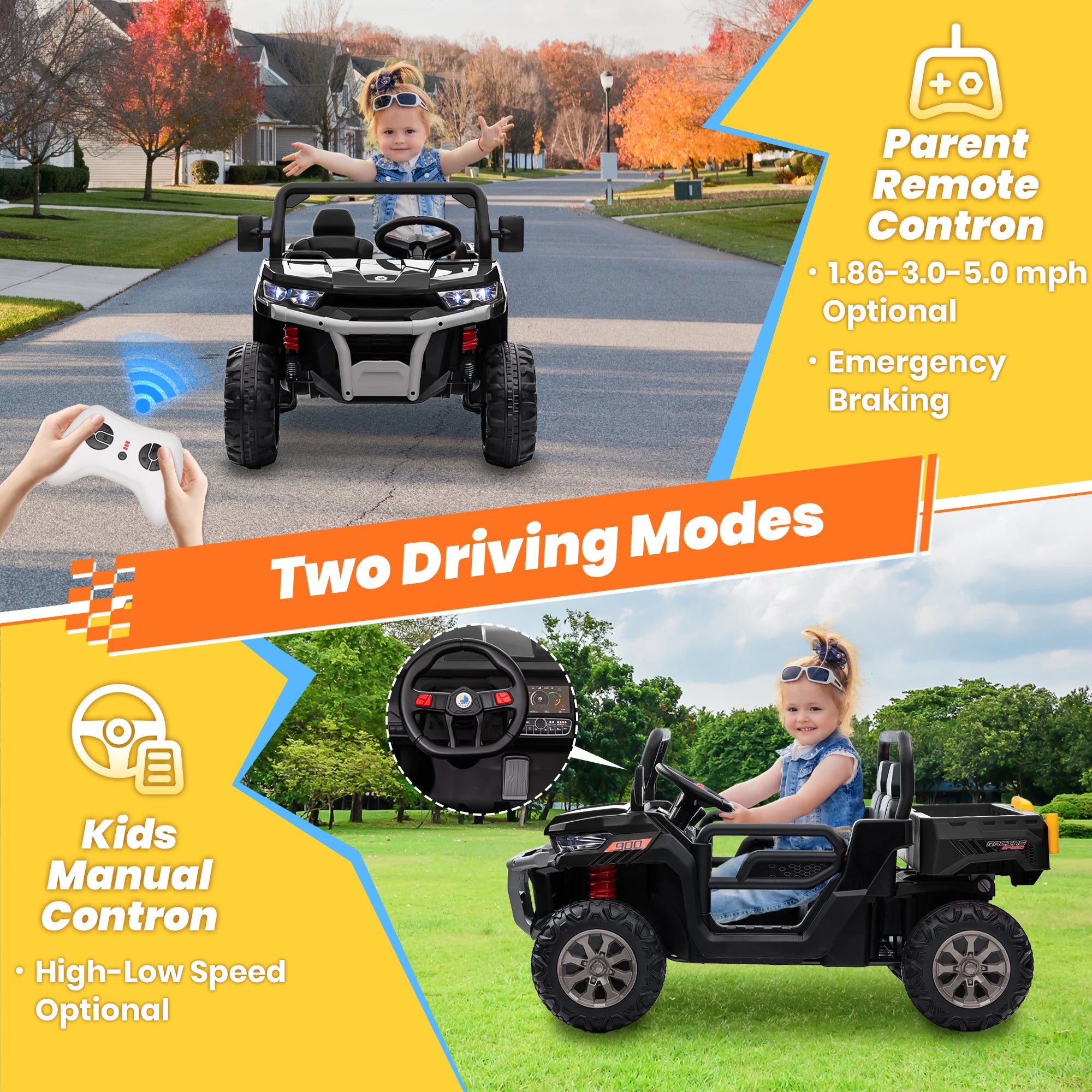 24V Ride on Dump Truck, 2 Seater Kids UTV Electric Car w/2.4G Remote Control, 4 Wheeler, Bluetooth Music, LED Lights, 24 Volt Ba