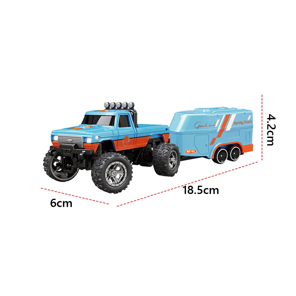 Mini RC Monster Truck with Lights & Trailer All Terrain Off-Road Truck Toy 1:64 Scale Adjustable Speed/Steering for Kids Gifts