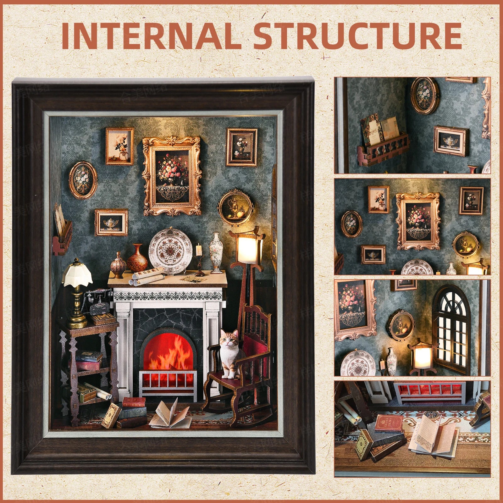 Book Nook Kit Fireplace DIY 3D Wooden Puzzle Photo frame ornament Bookshelf Dollhouse Model Bookend Building Home Decoration