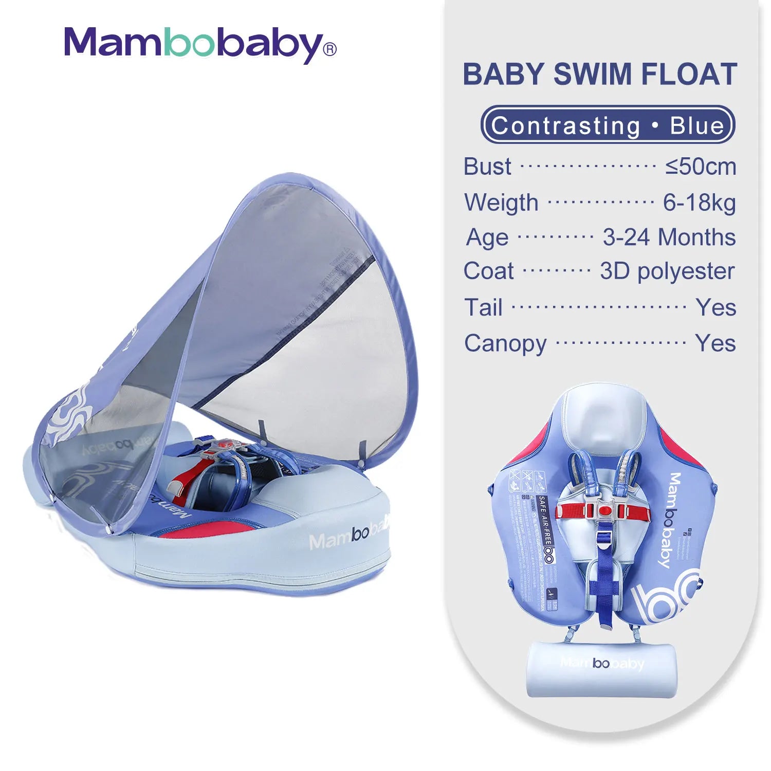 Mambobaby Baby Float with Sunshade Canopy and Crotch Strap Inflatable-free Safe Core Swimming Pool Accessory Bathroom Water Toy