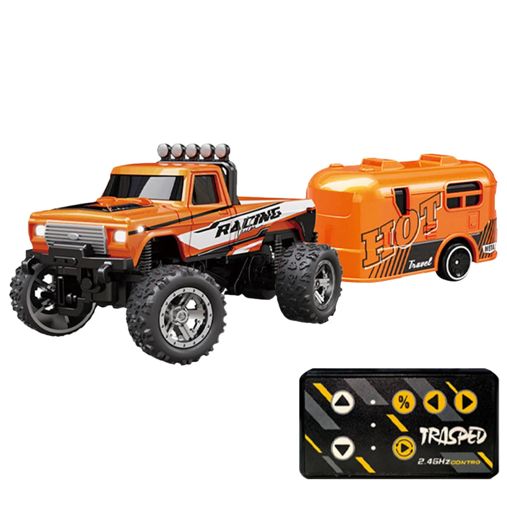 Mini RC Monster Truck with Lights & Trailer All Terrain Off-Road Truck Toy 1:64 Scale Adjustable Speed/Steering for Kids Gifts