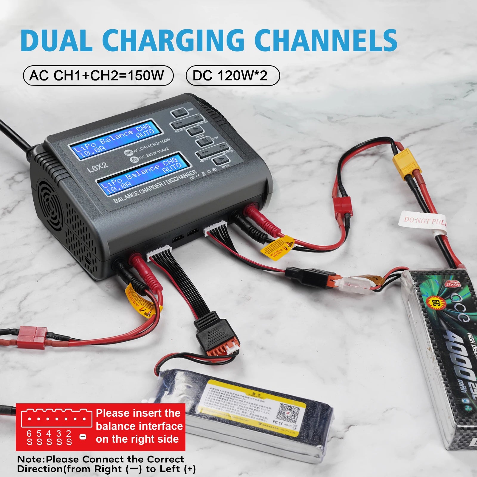 L6X2 LiPo Battery Charger Dual Channel 10A AC 150W DC 240W for 1-6S Li-ion LiFe NiCd NiMH LiHV PB Smart Battery Discharger