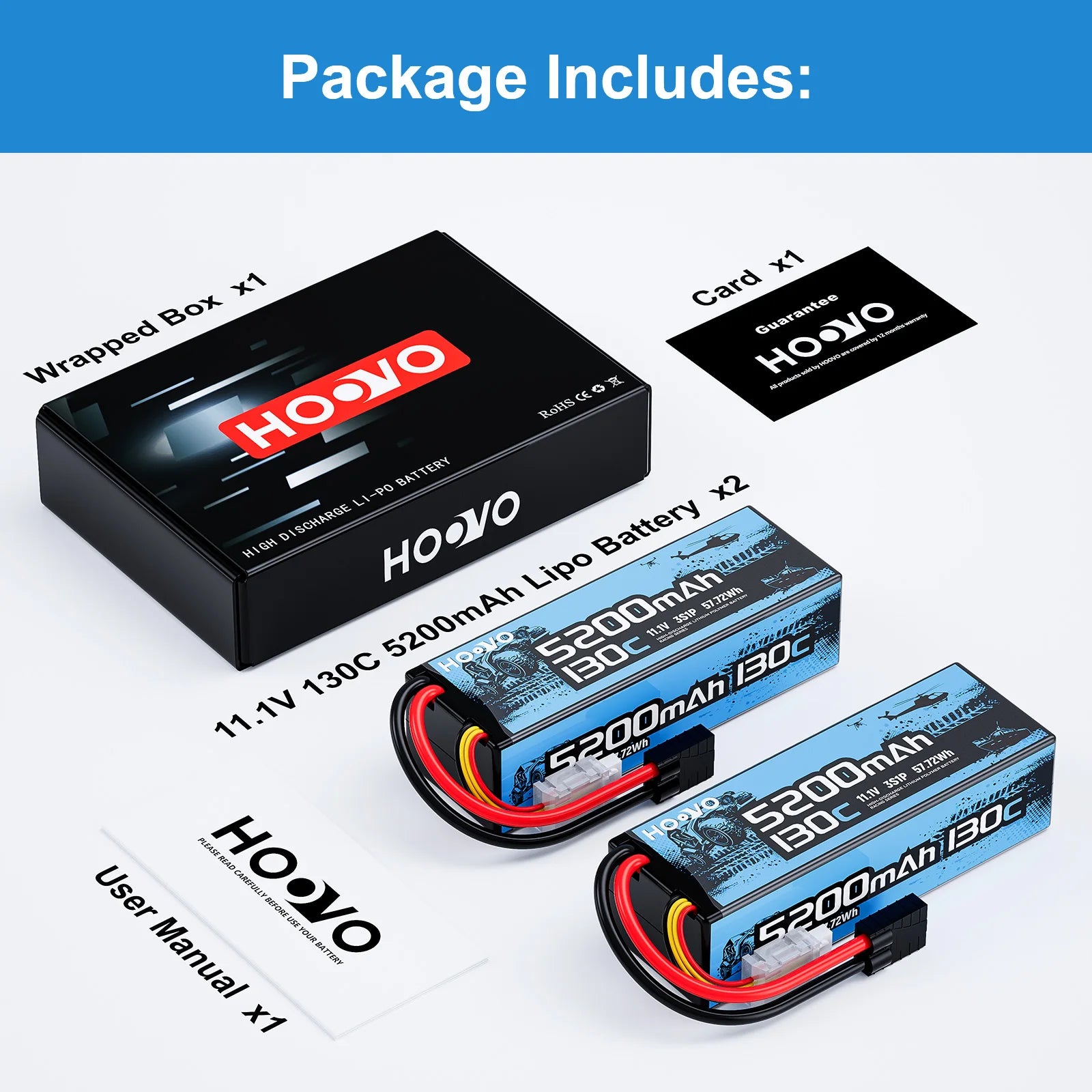 2Pcs HOOVO 3S Lipo Battery 11.1V 5200mAh 130C RC Lipo Battery Hardcase TR Plug for RC Cars Drones,Airplane,FPV, RC Plane, Racing