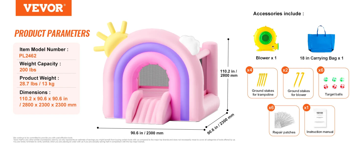 SucceBuy Inflatable Bounce House Indoor Outdoor Playhouse Trampoline Jumping Bouncer with Blower Slide Storage Bag 110x91x91 in