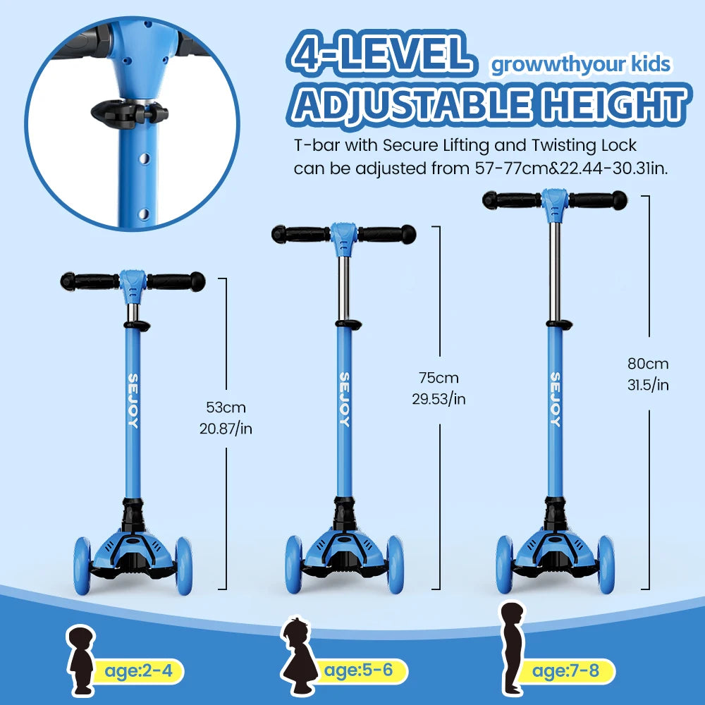 Sejoy Baby Scooter 2-8 Years with LED Wheels Adjustable Height Foldable Design & Dual Modes - Military-Grade Frame