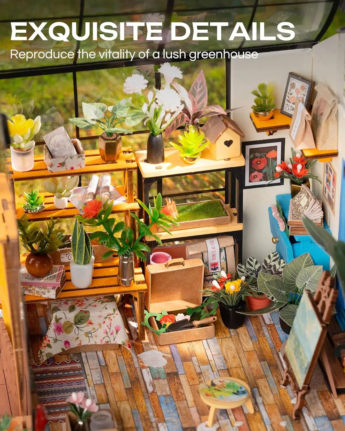 Robotime Mini Green House Cathy's Flower House DIY Dollhouse Wooden Miniature Furniture Kit with LED Best Birthday Gifts