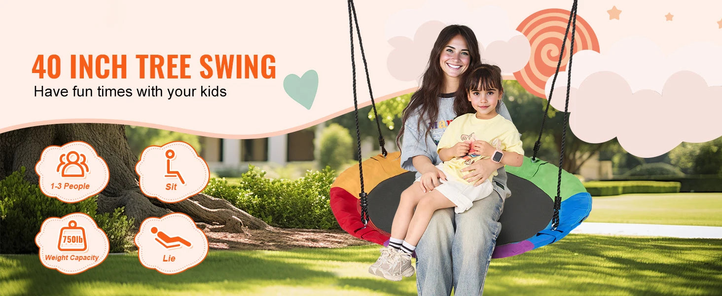 SucceBuy Tree Swing Saucer Swing 750lbs Swing Seat 2 Tree Hanging Straps Adjustable Multi-Strand Ropes Round Swing Kids Outdoor
