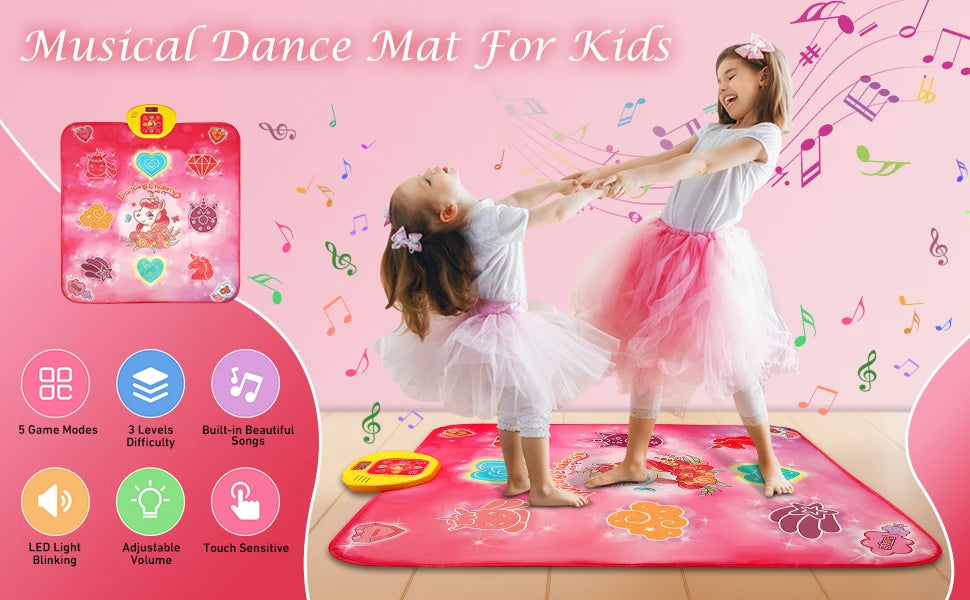 VATOS Dance Mat Toys for Girls Musical Touch Play Mat for 3+ Years Old Kids | Adjustable Volume Light 5 Game 3 Levels Gifts