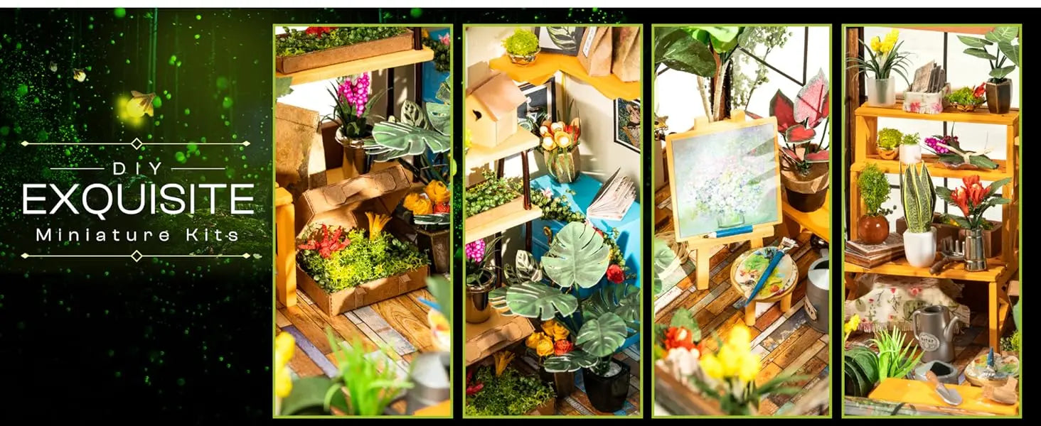 Robotime Mini Green House Cathy's Flower House DIY Dollhouse Wooden Miniature Furniture Kit with LED Best Birthday Gifts
